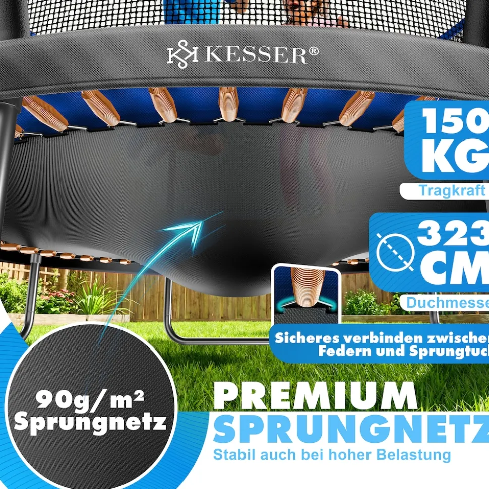 KESSER® Trampolin Outdoor Ø 244/305/366/427 cm, GS-Zertifikat, Gartentrampolin für Kinder & Erwachsene <150 kg mit Sicherheitsnetz, inklusive Tasche, Leiter, Randabdeckung & gepolsterten Netzstangen