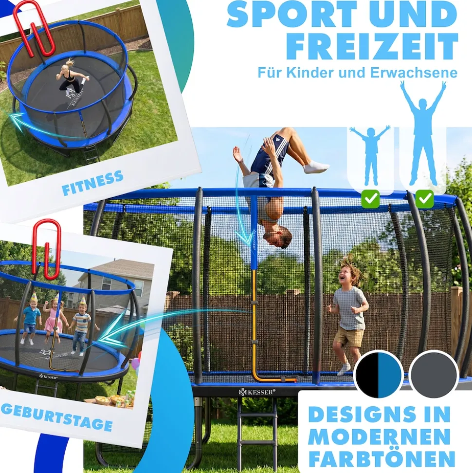 KESSER® Trampolin Outdoor Ø 244/305/366/427 cm, GS-Zertifikat, Gartentrampolin für Kinder & Erwachsene <150 kg mit Sicherheitsnetz, inklusive Tasche, Leiter, Randabdeckung & gepolsterten Netzstangen