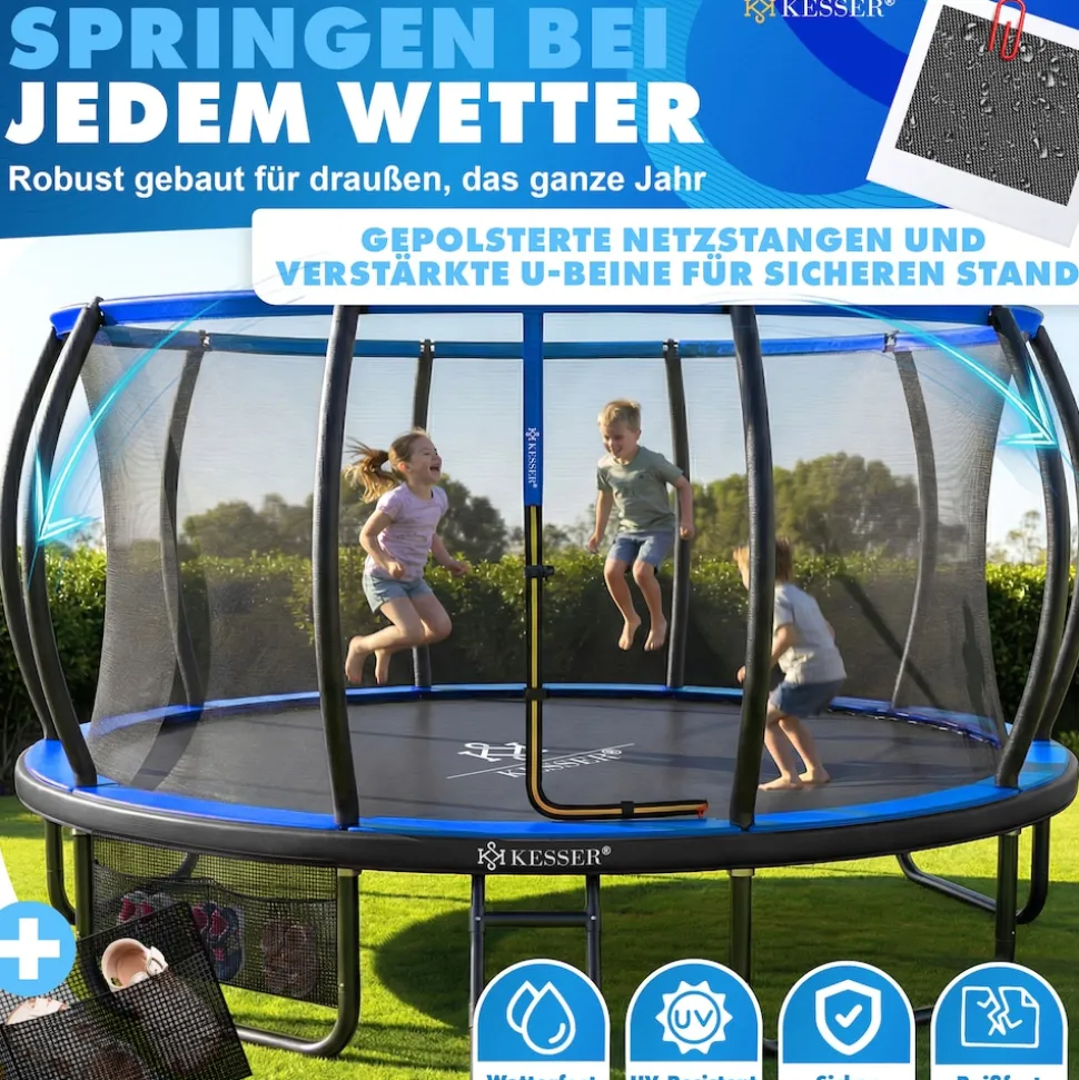 KESSER® Trampolin Outdoor Ø 244/305/366/427 cm, GS-Zertifikat, Gartentrampolin für Kinder & Erwachsene <150 kg mit Sicherheitsnetz, inklusive Tasche, Leiter, Randabdeckung & gepolsterten Netzstangen