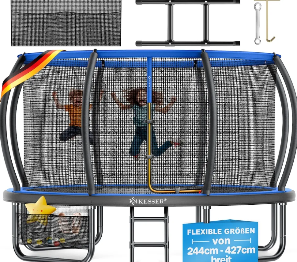 KESSER® Trampolin Outdoor Ø 244/305/366/427 cm, GS-Zertifikat, Gartentrampolin für Kinder & Erwachsene <150 kg mit Sicherheitsnetz, inklusive Tasche, Leiter, Randabdeckung & gepolsterten Netzstangen