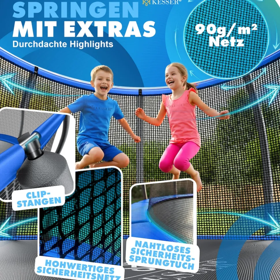 KESSER® Trampolin Outdoor Ø 244/305/366/427 cm, GS-Zertifikat, Gartentrampolin für Kinder & Erwachsene <150 kg mit Sicherheitsnetz, inklusive Tasche, Leiter, Randabdeckung & gepolsterten Netzstangen