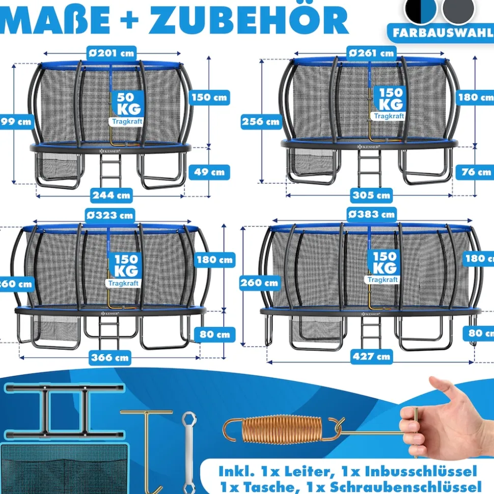 KESSER® Trampolin Outdoor Ø 244/305/366/427 cm, GS-Zertifikat, Gartentrampolin für Kinder & Erwachsene <150 kg mit Sicherheitsnetz, inklusive Tasche, Leiter, Randabdeckung & gepolsterten Netzstangen