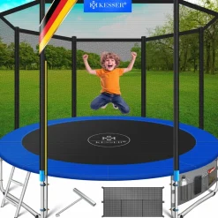 KESSER® - Trampolin | TÜV Rheinland GS Zertifiziert | Komplettset mit Sicherheitsnetz, Leiter, Randabdeckung, Seitentasche & Zubehör | Kindertrampolin Gartentrampolin Belastbarkeit 150 kg