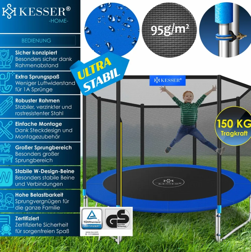 KESSER® - Trampolin | TÜV Rheinland GS Zertifiziert | Komplettset mit Sicherheitsnetz, Leiter, Randabdeckung, Seitentasche & Zubehör | Kindertrampolin Gartentrampolin Belastbarkeit 150 kg