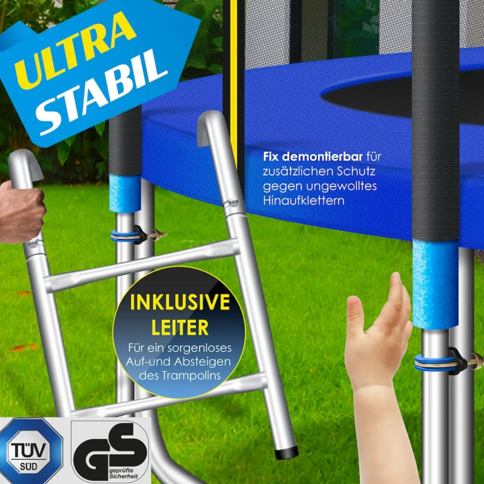 KESSER® - Trampolin | TÜV Rheinland GS Zertifiziert | Komplettset mit Sicherheitsnetz, Leiter, Randabdeckung, Seitentasche & Zubehör | Kindertrampolin Gartentrampolin Belastbarkeit 150 kg