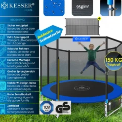 KESSER® - Trampolin | TÜV Rheinland GS Zertifiziert | Komplettset mit Sicherheitsnetz, Leiter, Randabdeckung, Seitentasche & Zubehör | Kindertrampolin Gartentrampolin Belastbarkeit 150 kg