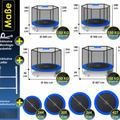 KESSER® - Trampolin | TÜV Rheinland GS Zertifiziert | Komplettset mit Sicherheitsnetz, Leiter, Randabdeckung, Seitentasche & Zubehör | Kindertrampolin Gartentrampolin Belastbarkeit 150 kg