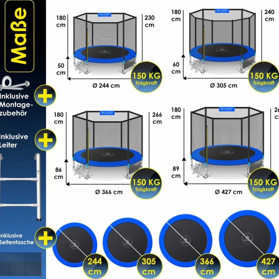 KESSER® - Trampolin | TÜV Rheinland GS Zertifiziert | Komplettset mit Sicherheitsnetz, Leiter, Randabdeckung, Seitentasche & Zubehör | Kindertrampolin Gartentrampolin Belastbarkeit 150 kg