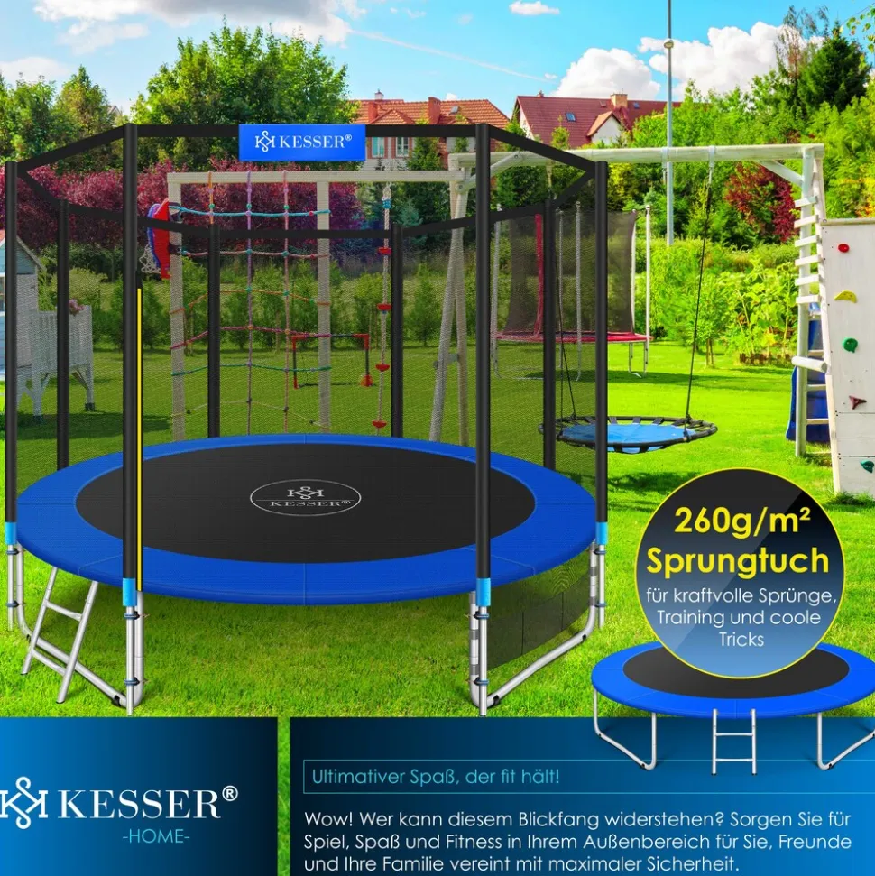 KESSER® - Trampolin | TÜV Rheinland GS Zertifiziert | Komplettset mit Sicherheitsnetz, Leiter, Randabdeckung, Seitentasche & Zubehör | Kindertrampolin Gartentrampolin Belastbarkeit 150 kg