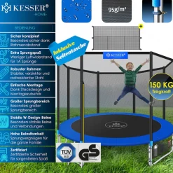 KESSER® - Trampolin | TÜV Rheinland GS Zertifiziert | Komplettset mit Sicherheitsnetz, Leiter, Randabdeckung, Seitentasche & Zubehör | Kindertrampolin Gartentrampolin Belastbarkeit 150 kg