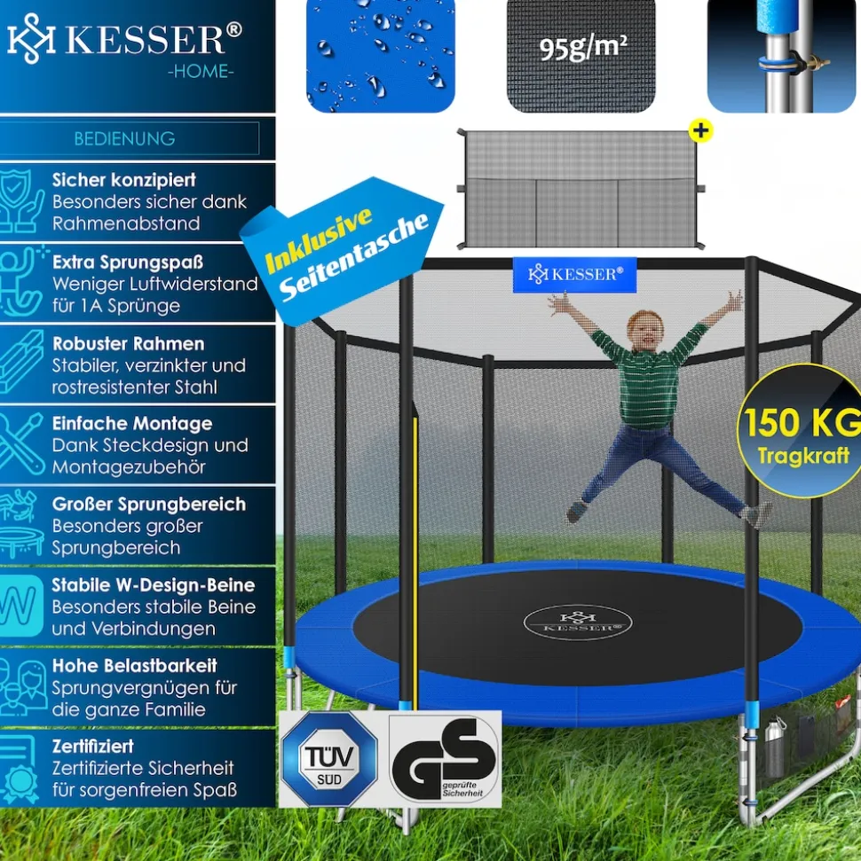 KESSER® - Trampolin | TÜV Rheinland GS Zertifiziert | Komplettset mit Sicherheitsnetz, Leiter, Randabdeckung, Seitentasche & Zubehör | Kindertrampolin Gartentrampolin Belastbarkeit 150 kg