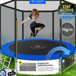 KESSER® - Trampolin | TÜV Rheinland GS Zertifiziert | Komplettset mit Sicherheitsnetz, Leiter, Randabdeckung, Seitentasche & Zubehör | Kindertrampolin Gartentrampolin Belastbarkeit 150 kg