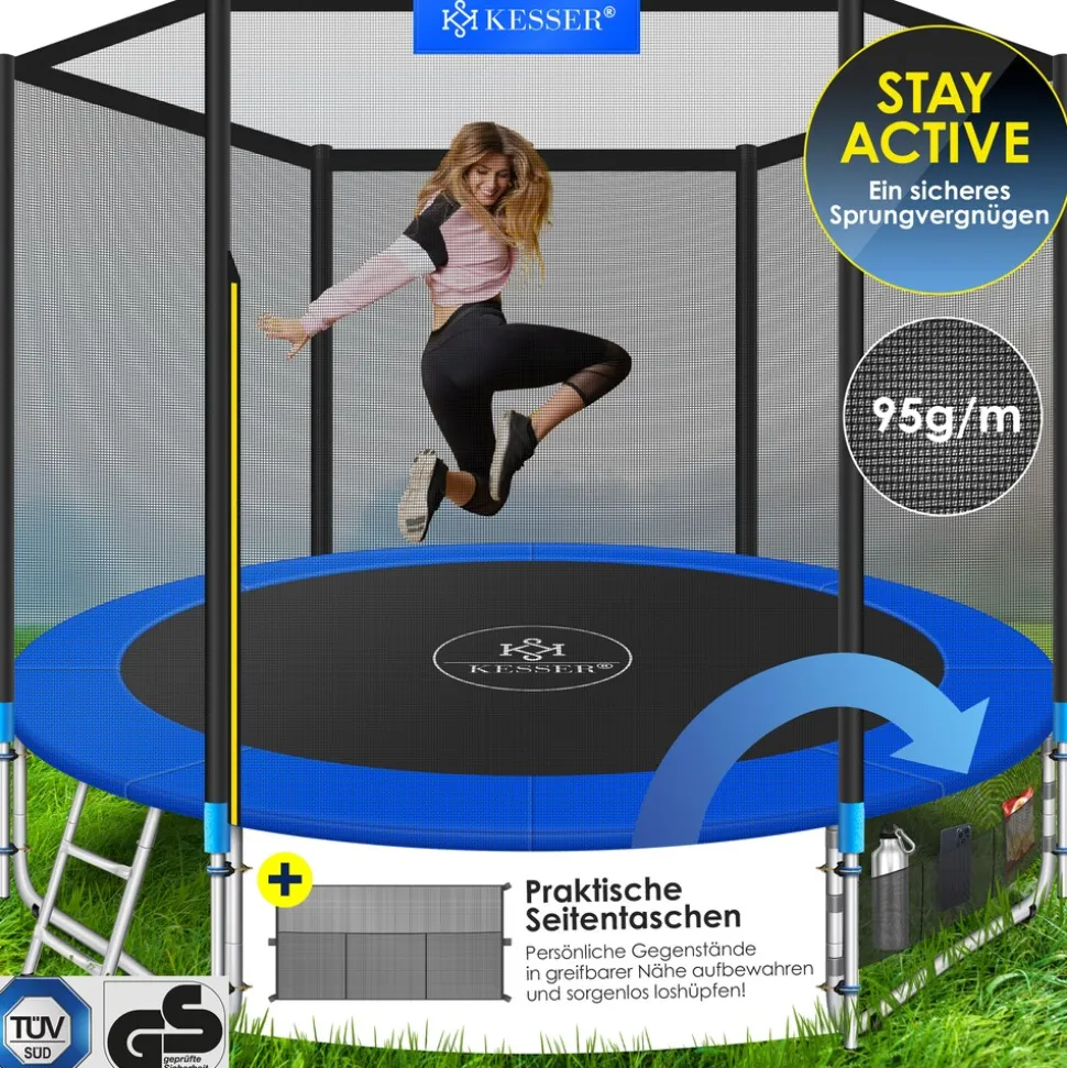 KESSER® - Trampolin | TÜV Rheinland GS Zertifiziert | Komplettset mit Sicherheitsnetz, Leiter, Randabdeckung, Seitentasche & Zubehör | Kindertrampolin Gartentrampolin Belastbarkeit 150 kg