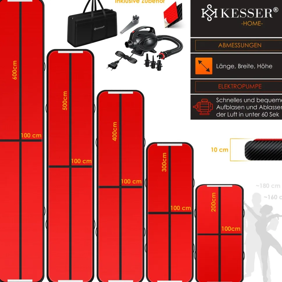 KESSER® Turnmatte Aufblasbar Airtrack 2m/3m/4m/5m/6m Fitness-Matte Gymnastikmatte | inkl. Tragetasche & elektr. Luftpumpe | Yogamatte, Tumbling Matten, Trainingsmatte, Turn- & Fitness