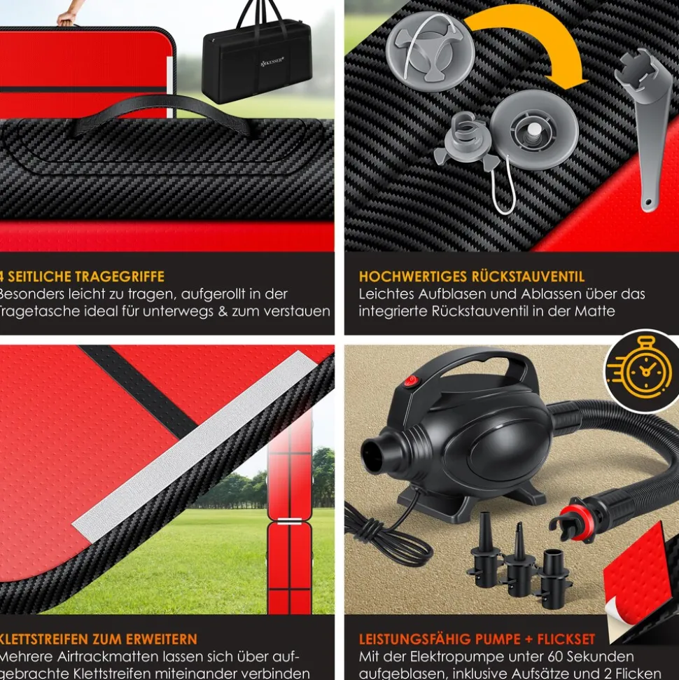 KESSER® Turnmatte Aufblasbar Airtrack 2m/3m/4m/5m/6m Fitness-Matte Gymnastikmatte | inkl. Tragetasche & elektr. Luftpumpe | Yogamatte, Tumbling Matten, Trainingsmatte, Turn- & Fitness