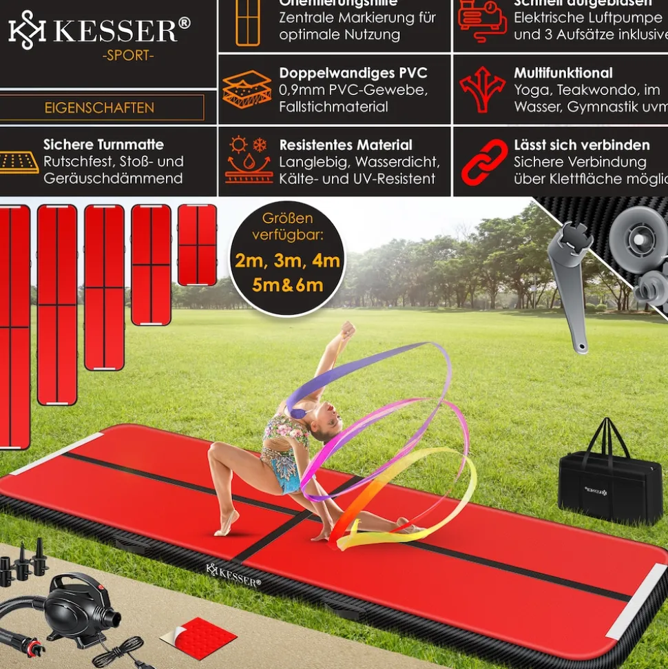 KESSER® Turnmatte Aufblasbar Airtrack 2m/3m/4m/5m/6m Fitness-Matte Gymnastikmatte | inkl. Tragetasche & elektr. Luftpumpe | Yogamatte, Tumbling Matten, Trainingsmatte, Turn- & Fitness