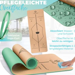 KESSER® Yogamatte Kork Inkl. Tragegurt Tasche & Yoga-Block Gymnastikmatte Yoga Matte rutschfest aus Naturkautschuk TPE Fitnessmatte, 183 x 62 Trainingsmatte für Fitness Sportmatte, Gymnastik extradick