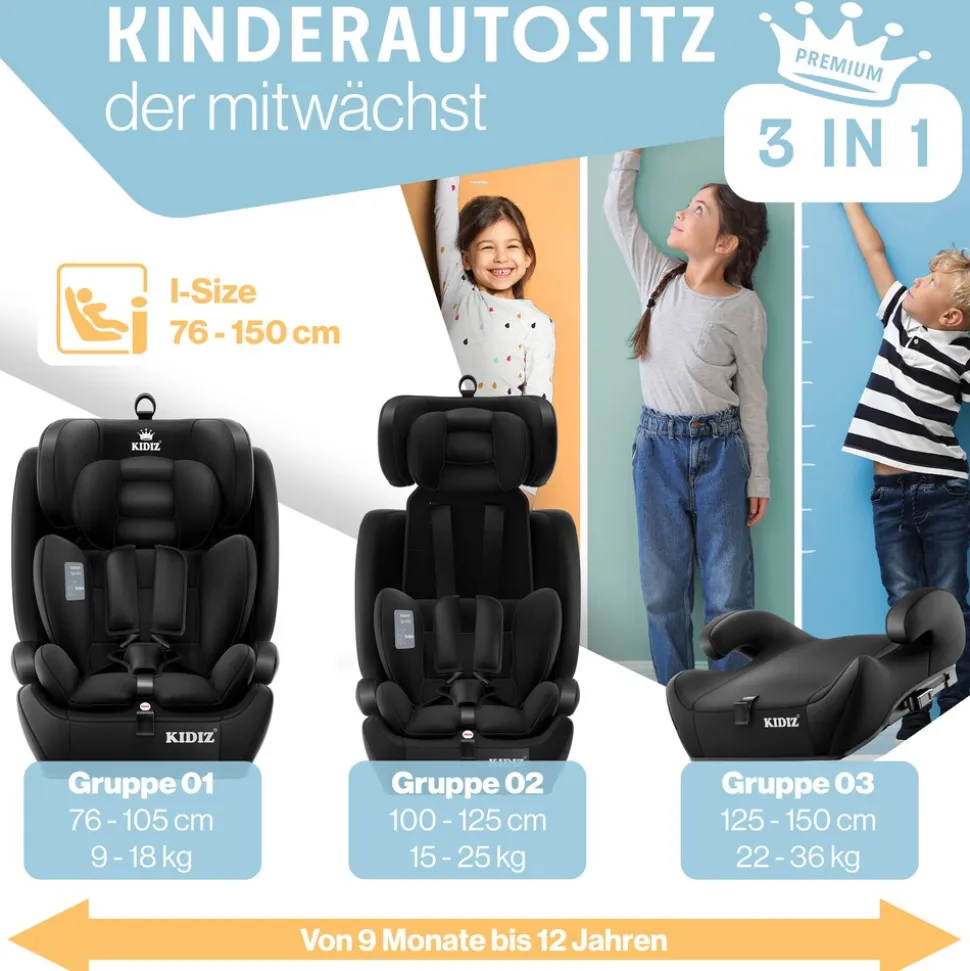 KIDIZ® Autokindersitz Premium Kinderautositz Gruppe 1+2+3, 9-36 kg 5-Punkt-Sicherheitsgurt, Autositz, Kindersitz, Einstellbare Kopfstütze, Mitwachsende Sitzerhöhung 1-12 Jahre, Stabil und Sicher