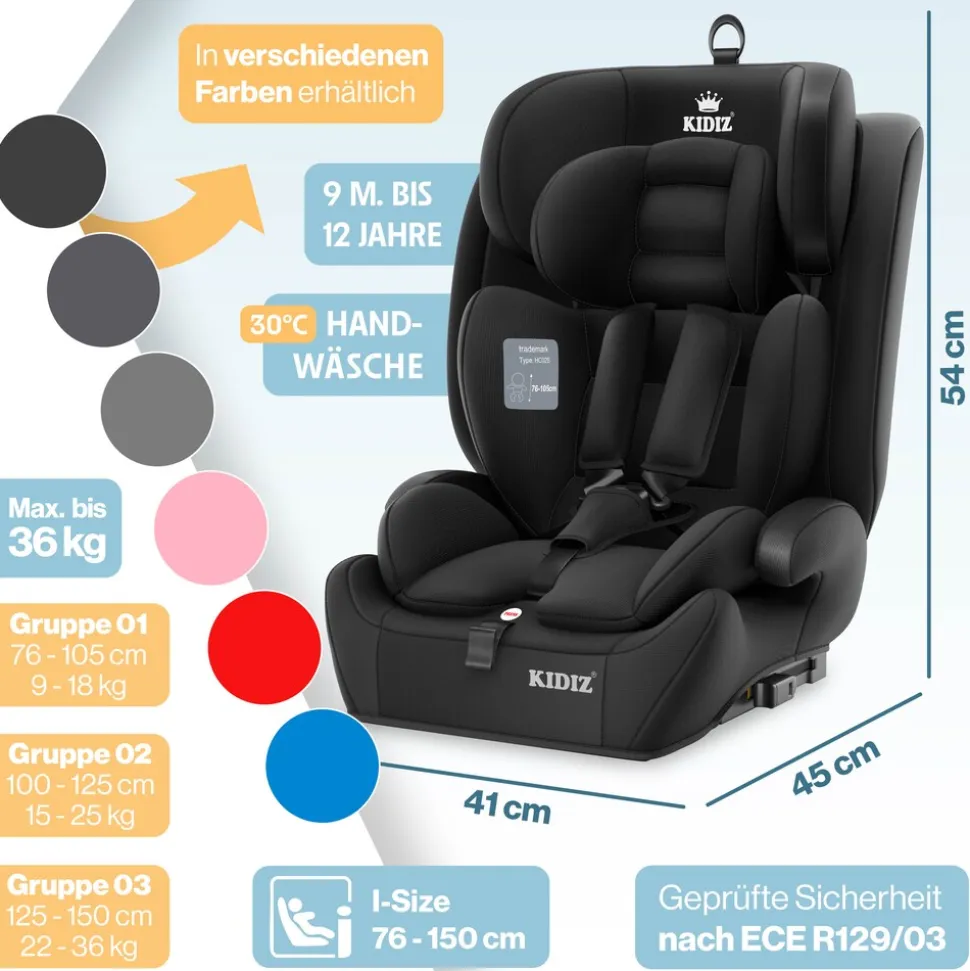 KIDIZ® Autokindersitz Premium Kinderautositz Gruppe 1+2+3, 9-36 kg 5-Punkt-Sicherheitsgurt, Autositz, Kindersitz, Einstellbare Kopfstütze, Mitwachsende Sitzerhöhung 1-12 Jahre, Stabil und Sicher