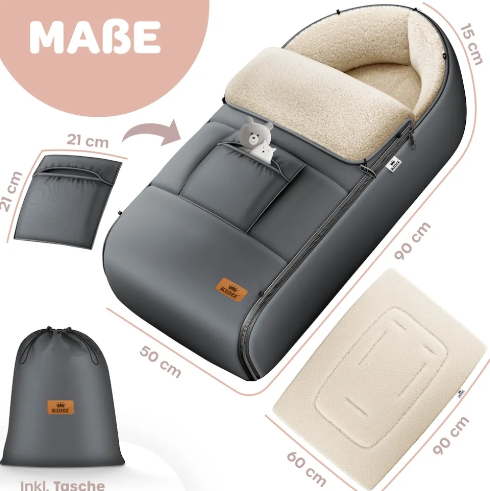 KIDIZ® Babyfußsack Baby Fußsack Winterfußsack Babyschale mit Reißverschluss Kuschelsack Babydecke Kinderwagen waschbar verschließbarer Kopfteil, Tasche, passend für alle Kinderwagen