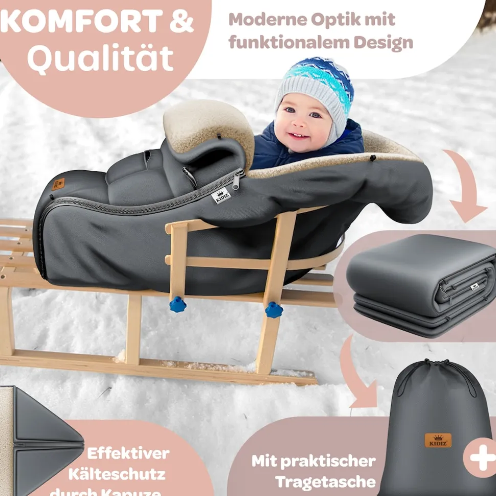 KIDIZ® Babyfußsack Baby Fußsack Winterfußsack Babyschale mit Reißverschluss Kuschelsack Babydecke Kinderwagen waschbar verschließbarer Kopfteil, Tasche, passend für alle Kinderwagen