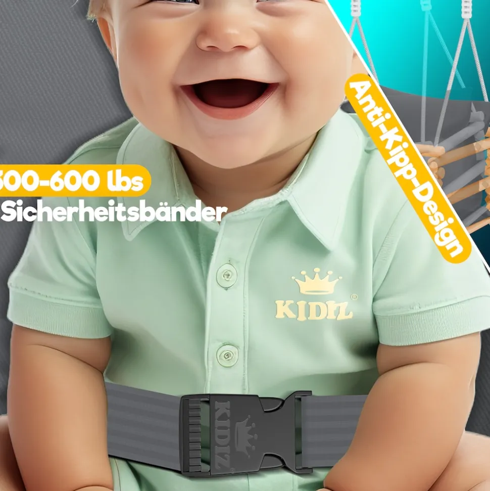 KIDIZ® Babyschaukel Kinderschaukel Schaukelsitz mit Polsterung | Holz-Schaukel mit Anti-Kipp bis 60KG | Höhenverstellbar Indoor & Outdoor | 0,5 - 3 Jahre | Montagezubehör & Sicherheitsgurt