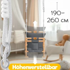 KIDIZ® Babyschaukel Kinderschaukel Schaukelsitz mit Polsterung | Holz-Schaukel mit Anti-Kipp bis 60KG | Höhenverstellbar Indoor & Outdoor | 0,5 - 3 Jahre | Montagezubehör & Sicherheitsgurt