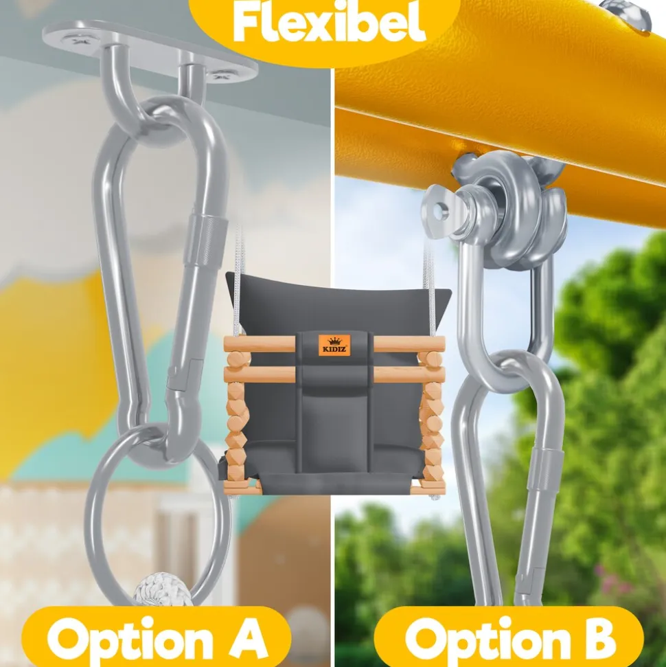 KIDIZ® Babyschaukel Kinderschaukel Schaukelsitz mit Polsterung | Holz-Schaukel mit Anti-Kipp bis 60KG | Höhenverstellbar Indoor & Outdoor | 0,5 - 3 Jahre | Montagezubehör & Sicherheitsgurt