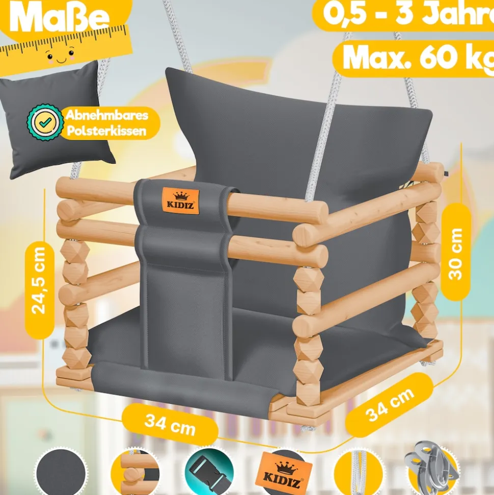 KIDIZ® Babyschaukel Kinderschaukel Schaukelsitz mit Polsterung | Holz-Schaukel mit Anti-Kipp bis 60KG | Höhenverstellbar Indoor & Outdoor | 0,5 - 3 Jahre | Montagezubehör & Sicherheitsgurt