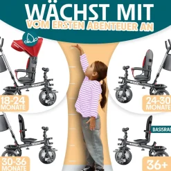 KIDIZ® Dreirad 5in1 Kinderdreirad mit Schubstange Lenksystem Stange ab 1 Jahr vorwärts und Rückwärtsfahrt Jogger , Korb Tasche Getränkehalter Sonnendach Gummiräder, Buggy Fahrrad Baby Klappbar