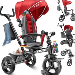 KIDIZ® Dreirad 5in1 Kinderdreirad mit Schubstange Lenksystem Stange ab 1 Jahr vorwärts und Rückwärtsfahrt Jogger , Korb Tasche Getränkehalter Sonnendach Gummiräder, Buggy Fahrrad Baby Klappbar