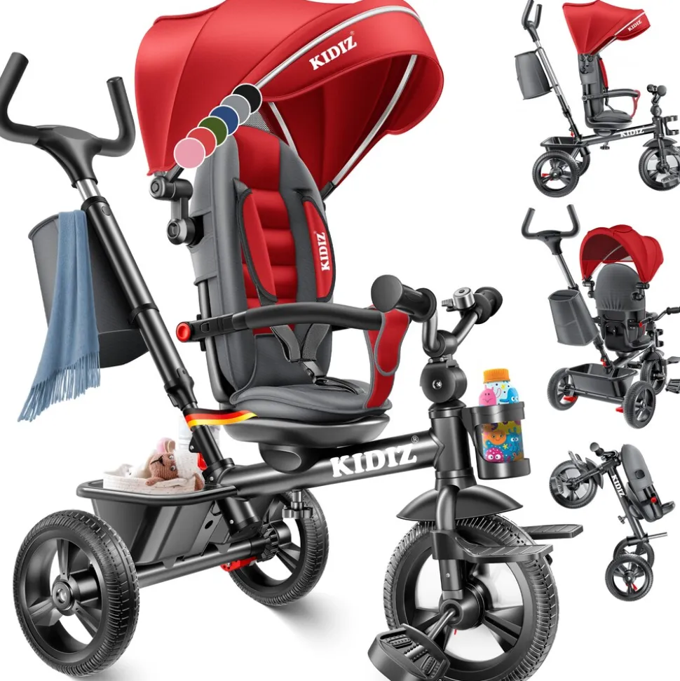 KIDIZ® Dreirad 5in1 Kinderdreirad mit Schubstange Lenksystem Stange ab 1 Jahr vorwärts und Rückwärtsfahrt Jogger , Korb Tasche Getränkehalter Sonnendach Gummiräder, Buggy Fahrrad Baby Klappbar