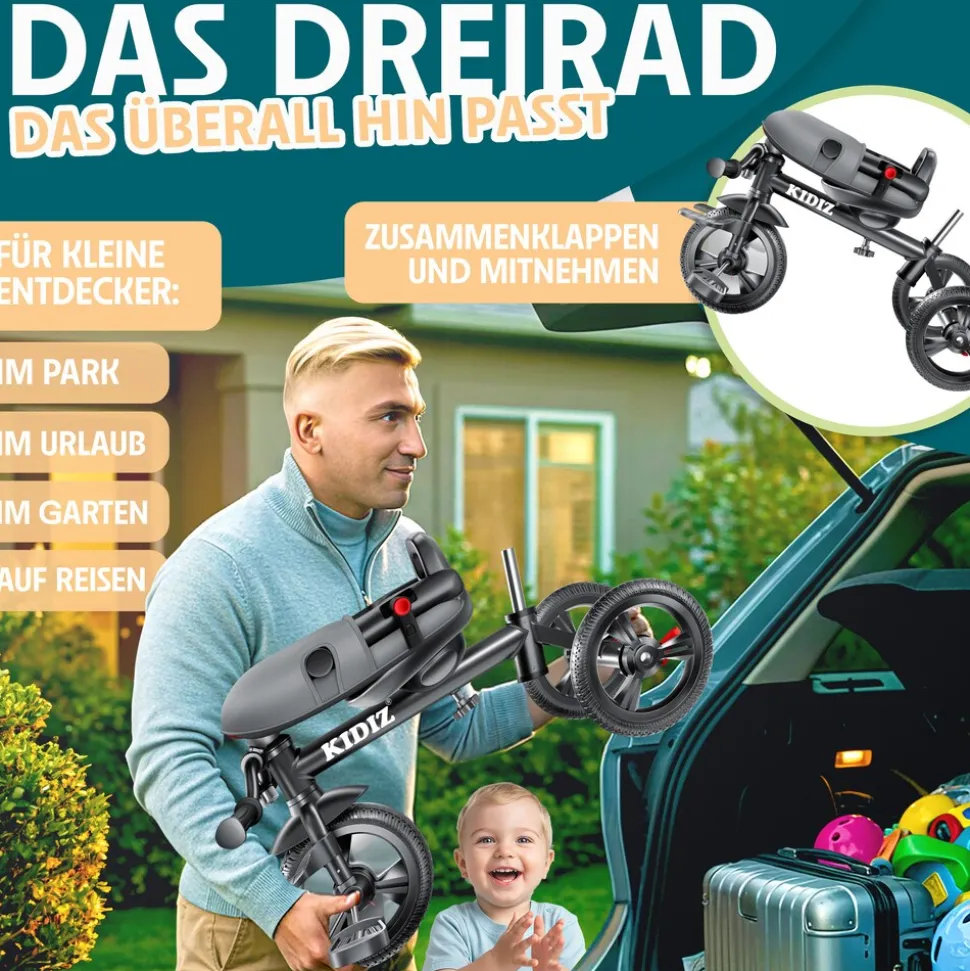 KIDIZ® Dreirad 5in1 Kinderdreirad mit Schubstange Lenksystem Stange ab 1 Jahr vorwärts und Rückwärtsfahrt Jogger , Korb Tasche Getränkehalter Sonnendach Gummiräder, Buggy Fahrrad Baby Klappbar