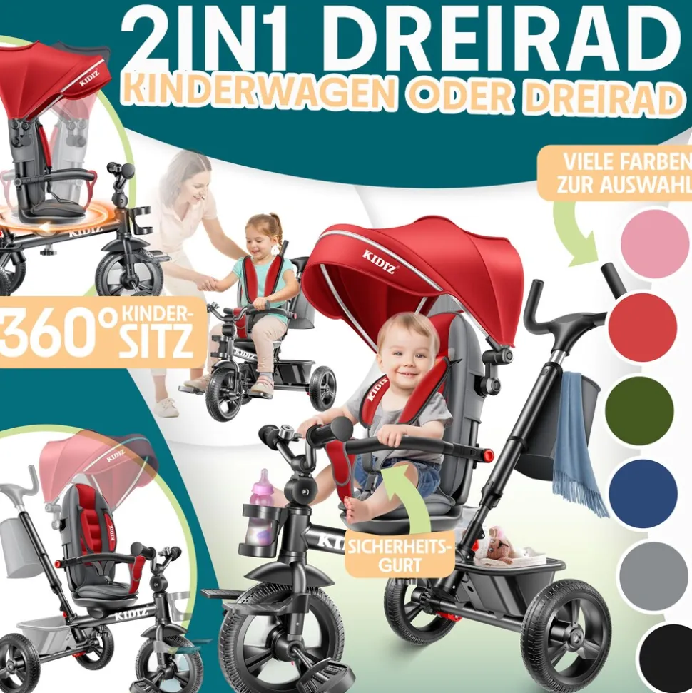 KIDIZ® Dreirad 5in1 Kinderdreirad mit Schubstange Lenksystem Stange ab 1 Jahr vorwärts und Rückwärtsfahrt Jogger , Korb Tasche Getränkehalter Sonnendach Gummiräder, Buggy Fahrrad Baby Klappbar