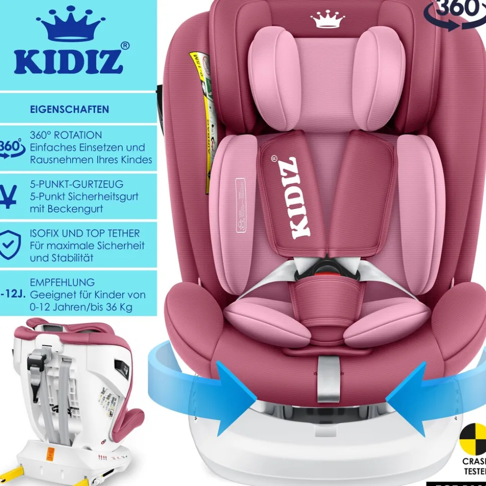 KIDIZ® Kindersitz Autositz Kinderautositz Baby Isofix Top Tether 360° drehbar i-Size Gruppe 0/1/2/3 ab Geburt -12 Jahre + Sonnenschutzdach Seitenschutz 5 Punkt Gurt Kopfstützenverstellung ECE R129