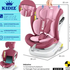 KIDIZ® Kindersitz Autositz Kinderautositz Baby Isofix Top Tether 360° drehbar i-Size Gruppe 0/1/2/3 ab Geburt -12 Jahre + Sonnenschutzdach Seitenschutz 5 Punkt Gurt Kopfstützenverstellung ECE R129
