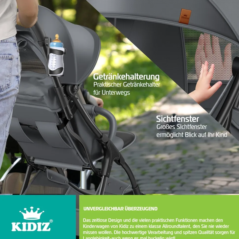 KIDIZ® Kinderwagen Premium Kinderbuggy klappbar Liegebuggy Sportwagen Faltbar 360°Räder 5-Punkt Gurt Inkl. Getränkehalter & Regenabdeckung, verstellbare Rückenlehne & Sonnenverdeck