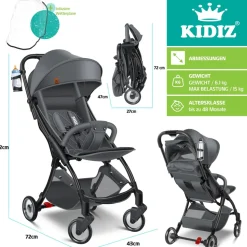 KIDIZ® Kinderwagen Premium Kinderbuggy klappbar Liegebuggy Sportwagen Faltbar 360°Räder 5-Punkt Gurt Inkl. Getränkehalter & Regenabdeckung, verstellbare Rückenlehne & Sonnenverdeck