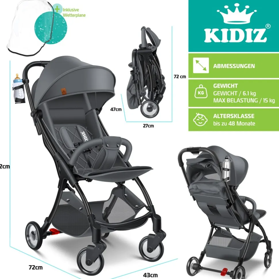 KIDIZ® Kinderwagen Premium Kinderbuggy klappbar Liegebuggy Sportwagen Faltbar 360°Räder 5-Punkt Gurt Inkl. Getränkehalter & Regenabdeckung, verstellbare Rückenlehne & Sonnenverdeck