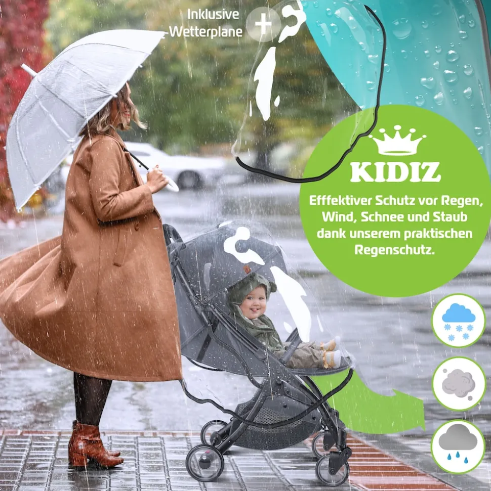 KIDIZ® Kinderwagen Premium Kinderbuggy klappbar Liegebuggy Sportwagen Faltbar 360°Räder 5-Punkt Gurt Inkl. Getränkehalter & Regenabdeckung, verstellbare Rückenlehne & Sonnenverdeck