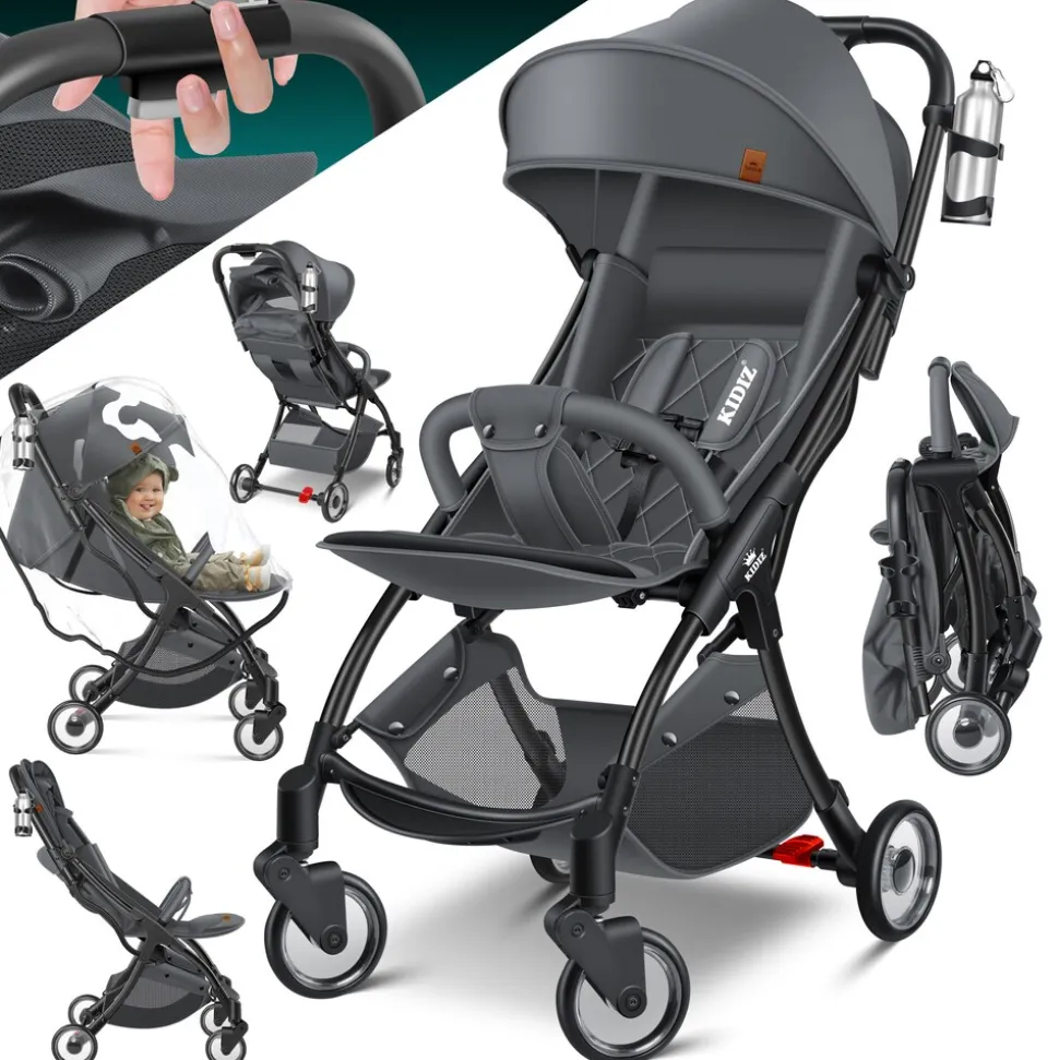 KIDIZ® Kinderwagen Premium Kinderbuggy klappbar Liegebuggy Sportwagen Faltbar 360°Räder 5-Punkt Gurt Inkl. Getränkehalter & Regenabdeckung, verstellbare Rückenlehne & Sonnenverdeck