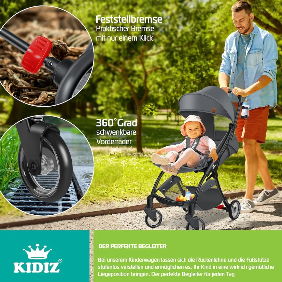 KIDIZ® Kinderwagen Premium Kinderbuggy klappbar Liegebuggy Sportwagen Faltbar 360°Räder 5-Punkt Gurt Inkl. Getränkehalter & Regenabdeckung, verstellbare Rückenlehne & Sonnenverdeck