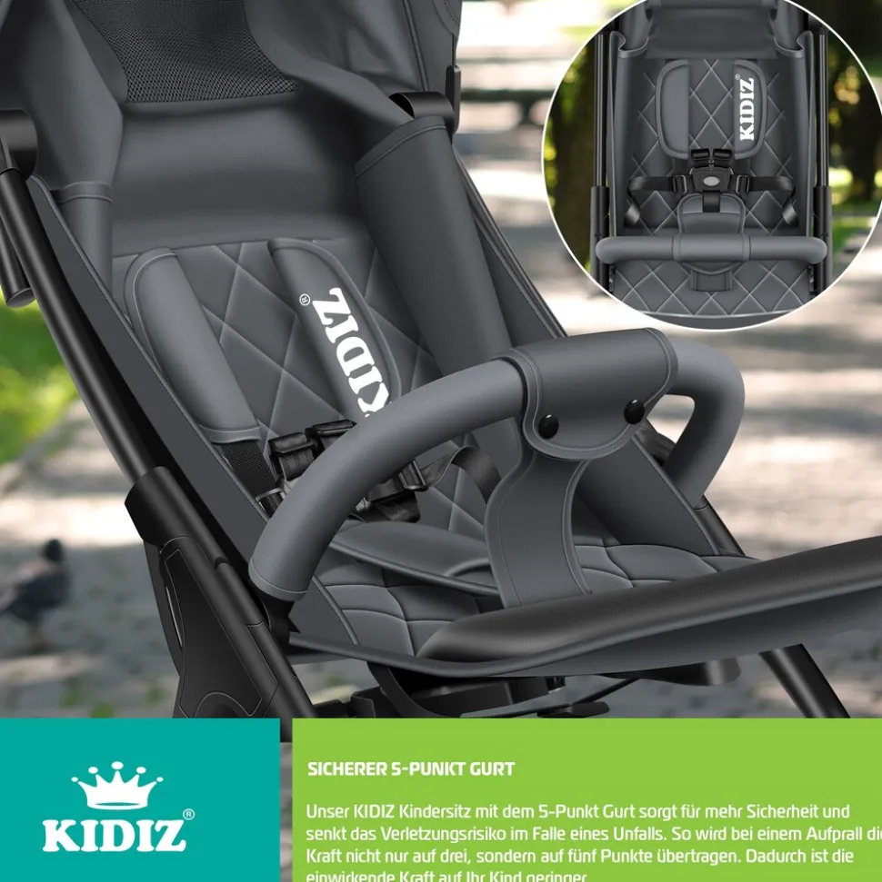 KIDIZ® Kinderwagen Premium Kinderbuggy klappbar Liegebuggy Sportwagen Faltbar 360°Räder 5-Punkt Gurt Inkl. Getränkehalter & Regenabdeckung, verstellbare Rückenlehne & Sonnenverdeck