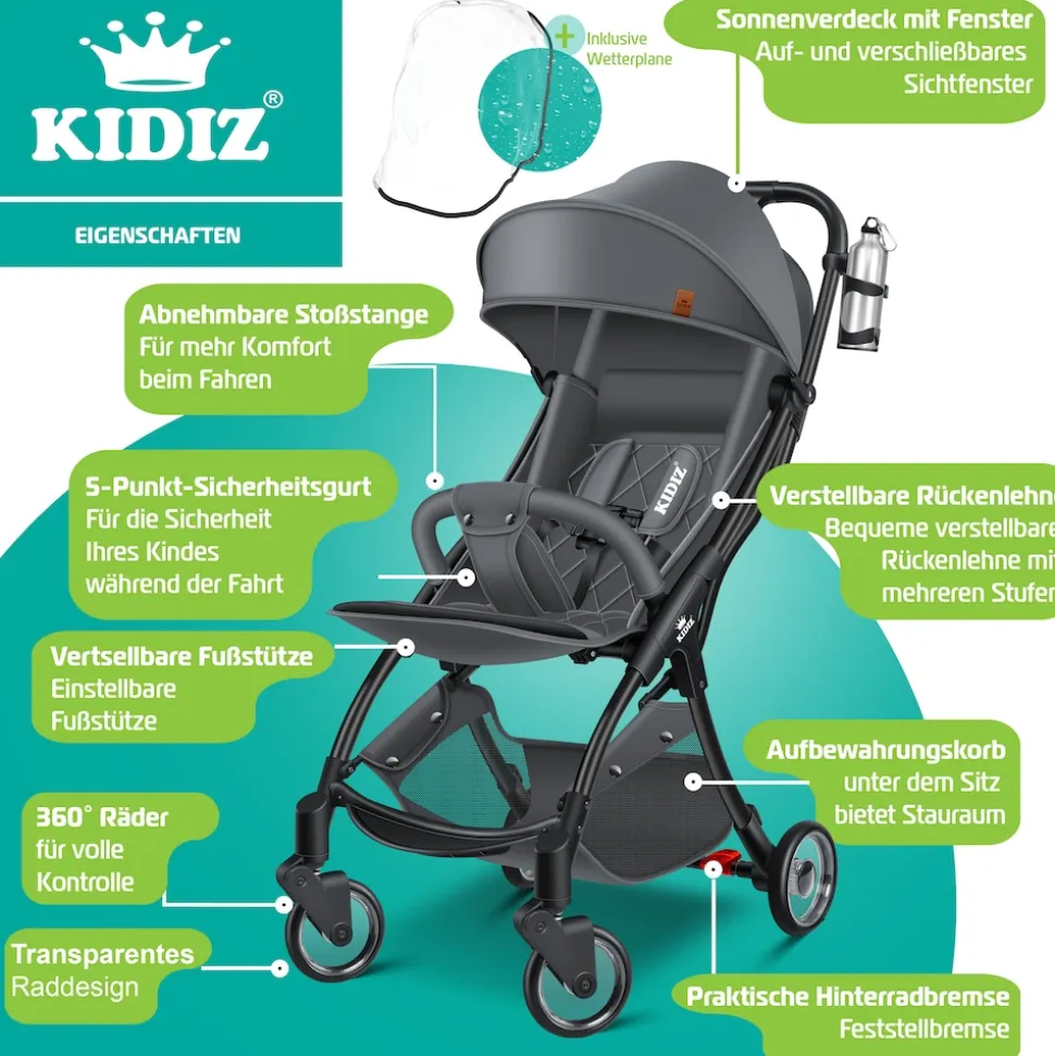 KIDIZ® Kinderwagen Premium Kinderbuggy klappbar Liegebuggy Sportwagen Faltbar 360°Räder 5-Punkt Gurt Inkl. Getränkehalter & Regenabdeckung, verstellbare Rückenlehne & Sonnenverdeck