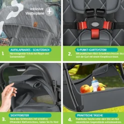 KIDIZ® Kinderwagen Premium Kinderbuggy klappbar Liegebuggy Sportwagen Faltbar 360°Räder 5-Punkt Gurt Inkl. Getränkehalter & Regenabdeckung, verstellbare Rückenlehne & Sonnenverdeck