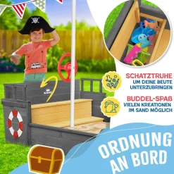KIDIZ® Sandkasten Ahoi - Piratenschiff Boot Segelschiff aus Holz Inkl. Abdeckung, Bodenplane, Sitzbank, Flaggenmast, Sandspielzeug | Große Kinder Sandkiste für den Garten | Outdoor Sandbox