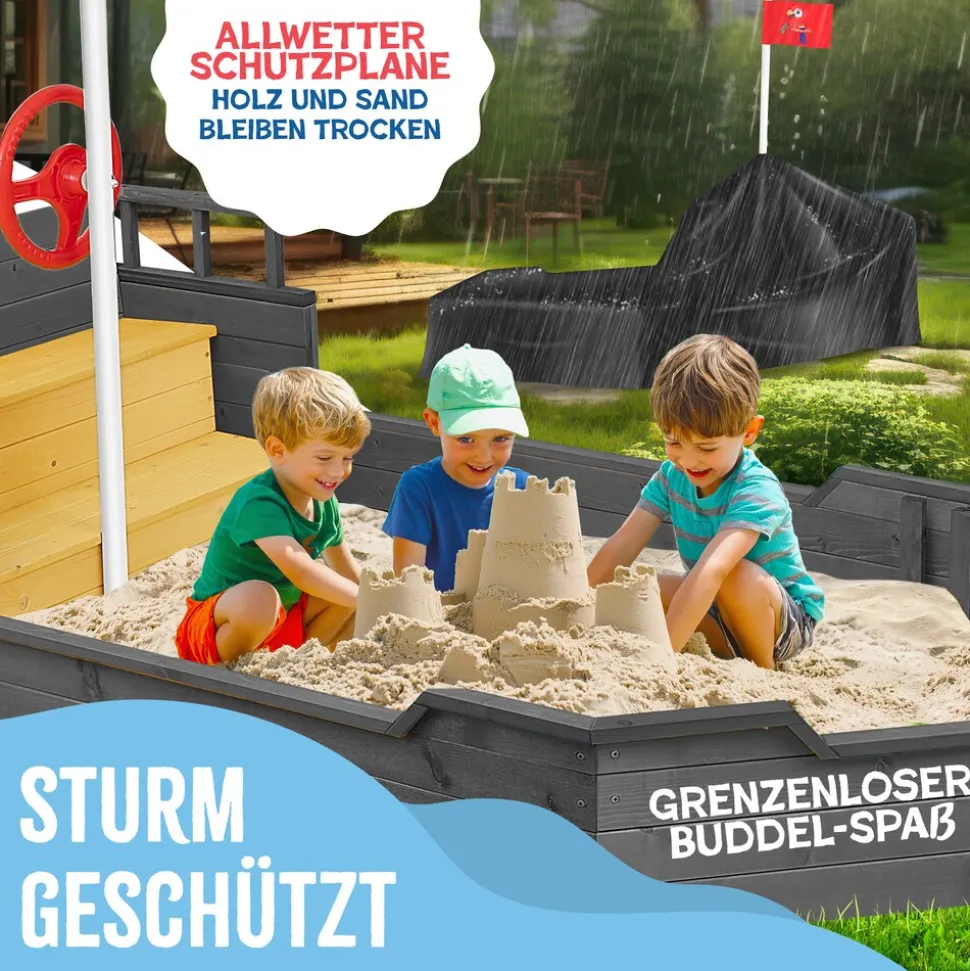 KIDIZ® Sandkasten Ahoi - Piratenschiff Boot Segelschiff aus Holz Inkl. Abdeckung, Bodenplane, Sitzbank, Flaggenmast, Sandspielzeug | Große Kinder Sandkiste für den Garten | Outdoor Sandbox