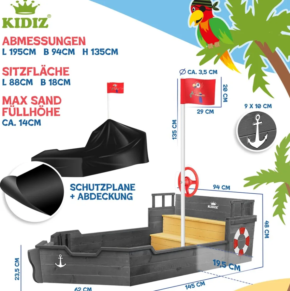 KIDIZ® Sandkasten Ahoi - Piratenschiff Boot Segelschiff aus Holz Inkl. Abdeckung, Bodenplane, Sitzbank, Flaggenmast, Sandspielzeug | Große Kinder Sandkiste für den Garten | Outdoor Sandbox