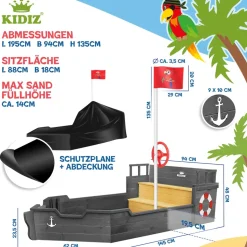 KIDIZ® Sandkasten Ahoi - Piratenschiff Boot Segelschiff aus Holz Inkl. Abdeckung, Bodenplane, Sitzbank, Flaggenmast, Sandspielzeug | Große Kinder Sandkiste für den Garten | Outdoor Sandbox
