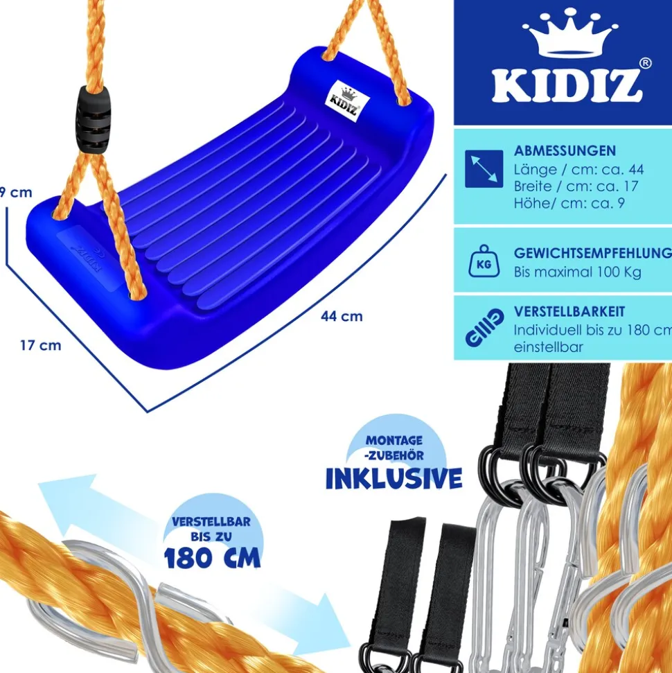 KIDIZ® Schaukel Kinderschaukel Set - Ink. Zubehör Schaukelsitz Schaukelbrett Garten Outdoor Indoor Brettschaukel für Kinder zum Schaukeln aus Kunststoff Höhenverstellbar Rutschfest